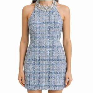 Blue Beaded Tweed Open Back Halter Dress XS